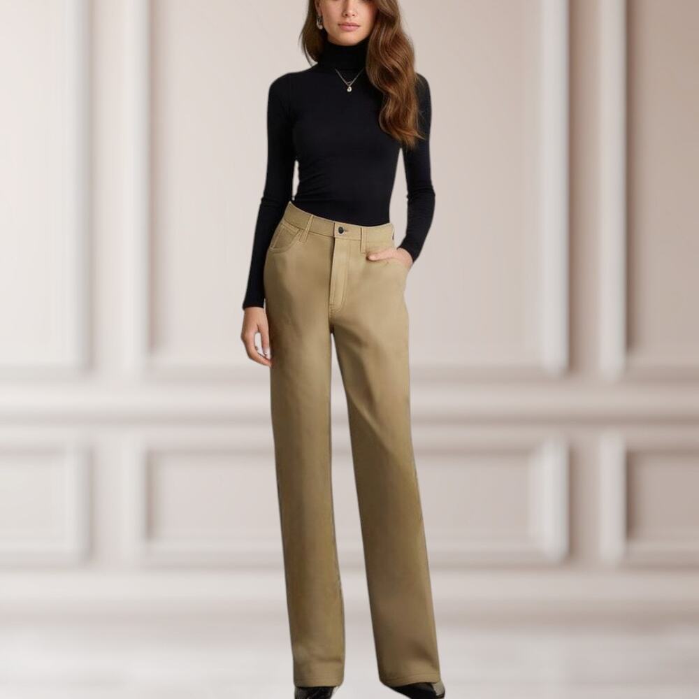 Abercrombie & Fitch Women's 4 90s Straight Ultra High Rise Faux Leather Pant Tan